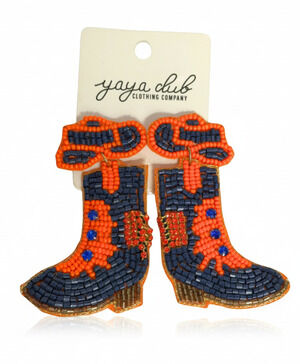 Yaya Club Navy Orange Beaded Cowboy Boot Earrings 3"L Post Back Western Cowgirl